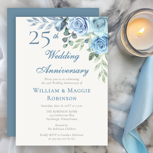 Invitation 25e Anniversaire de Mariage Fête Élégante Fleurs B (Elegant blue floral 25th anniversary invitation with soft watercolor roses)