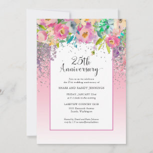 Invitation 25e Anniversaire de Mariage Fleuriste Argent Rose