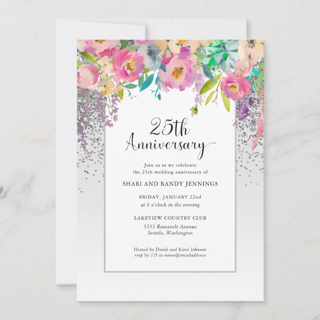 Invitation 25e anniversaire de mariage Fleurs Rose Argent (Devant)