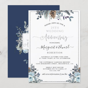 Invitation 25e anniversaire de mariage, floral argent et bleu