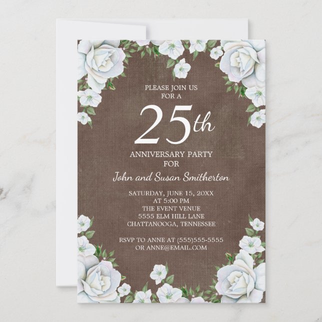 Invitation 25e anniversaire de mariage floral marron et blanc (Devant)