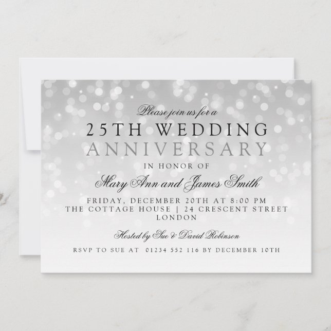 Invitation 25e Anniversaire de Mariage Lumières Silver Sparkl (Devant)