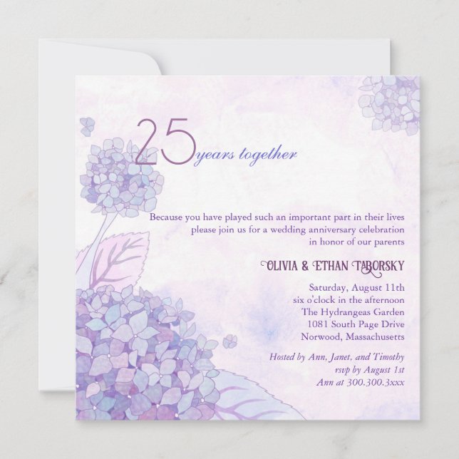 Invitation 25e anniversaire de mariage noces d'argent Hydrang (Devant)