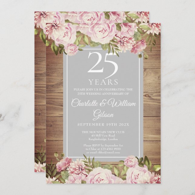 Invitation 25e anniversaire de mariage Noces d'argent Roses r (Devant / Derrière)