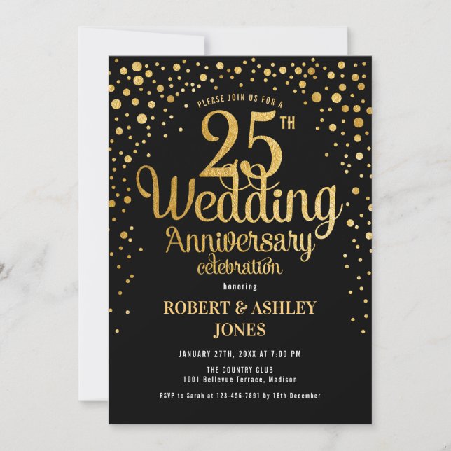 Invitation 25e anniversaire de mariage - Noir et or (Devant)