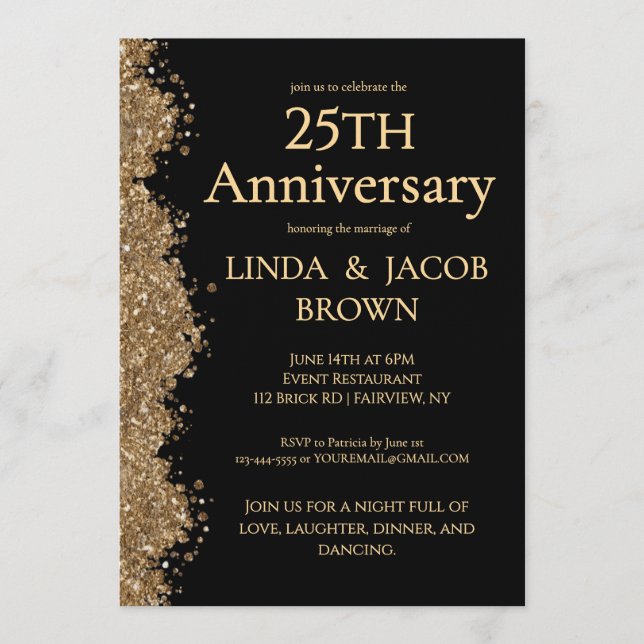 Invitation 25e Anniversaire de Mariage Or Faux Paillettes  (Devant)