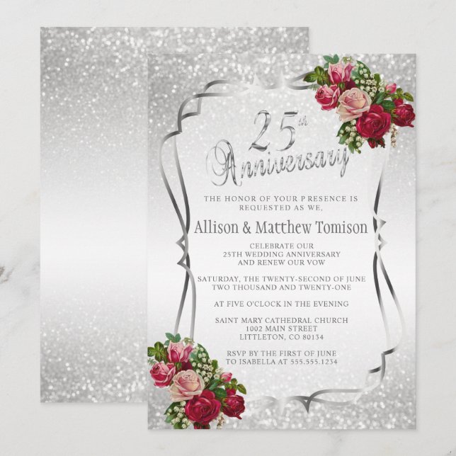 Invitation 25e Anniversaire de Mariage Paillettes Argentées | (Devant / Derrière)