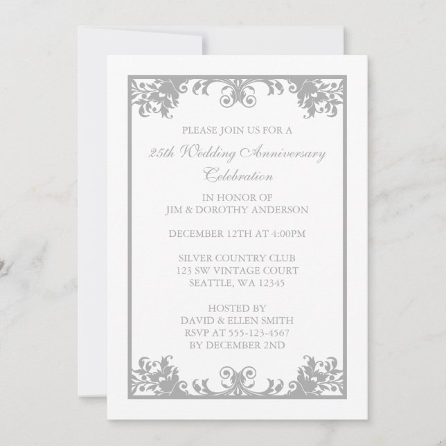 Invitation 25e Anniversaire de Mariage Parchemin Argenté Flou (Devant)