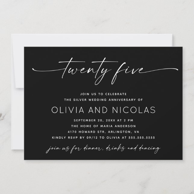 Invitation 25e anniversaire de mariage | Photo noire (Devant)