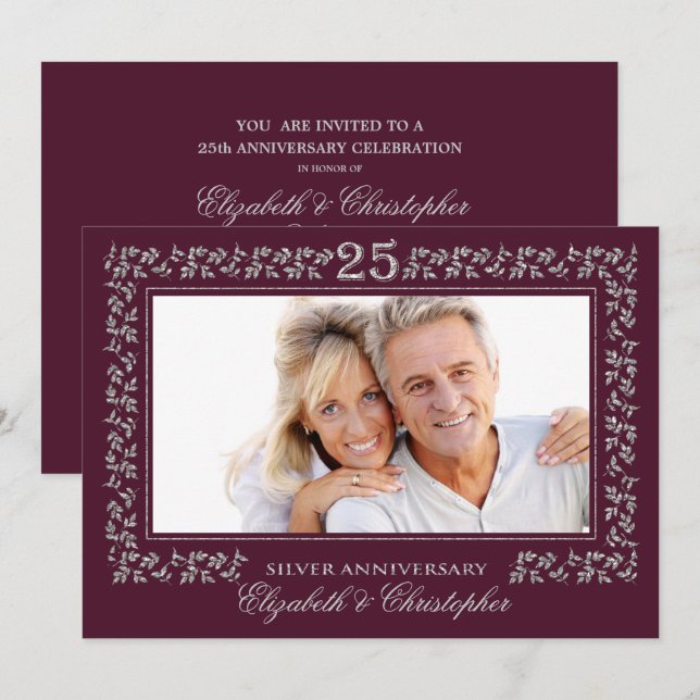 Invitation 25e Anniversaire de Mariage Plum Argent Photo (Devant / Derrière)