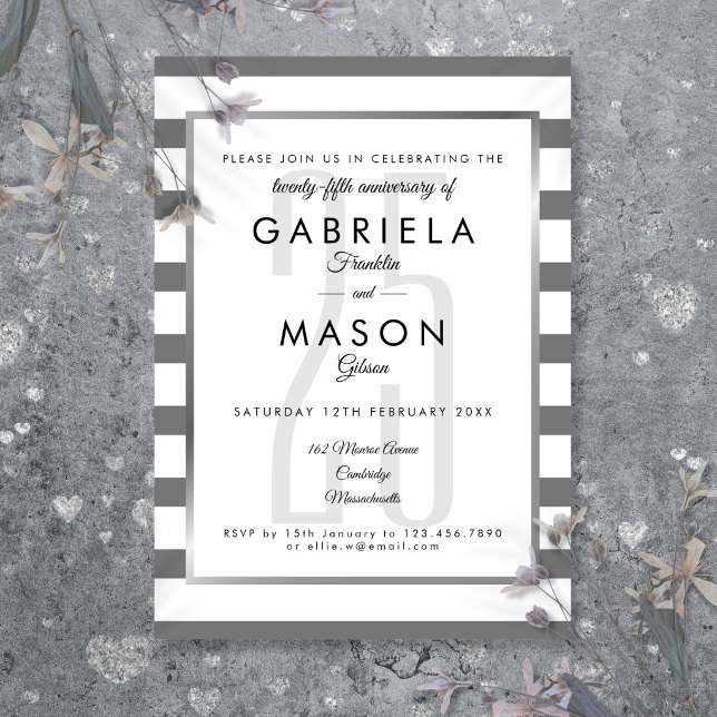 Invitation 25e Anniversaire de Mariage Rayure Argent Art Déco (25th Wedding Anniversary Silver Stripe Art Deco Invitation)