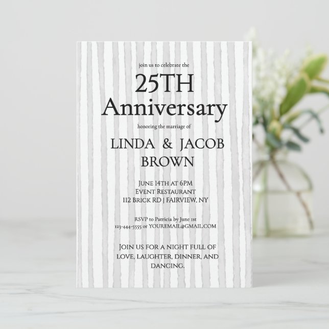Invitation 25e Anniversaire de Mariage Rayures Gris Clair Arg (Debout devant)