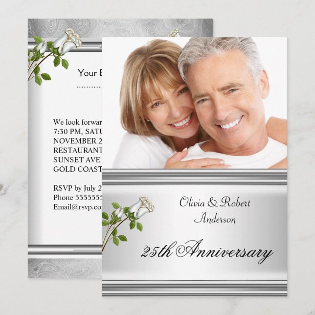 Invitation 25e Anniversaire de Mariage Rose Blanche Argentée (Devant / Derrière)