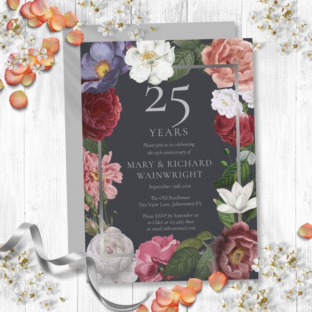 Invitation 25e anniversaire de mariage Rose de campagne (25th Silver Wedding Anniversary Country Rose Invitation)