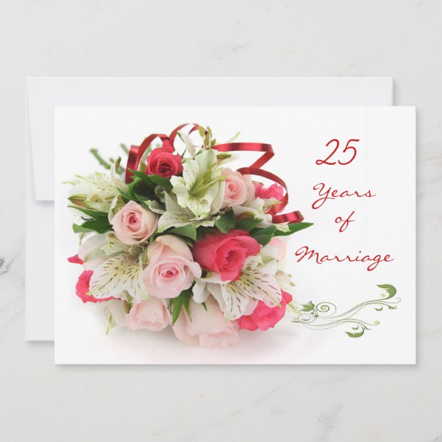 Invitation 25e anniversaire de mariage.  Roses et lys (Devant)
