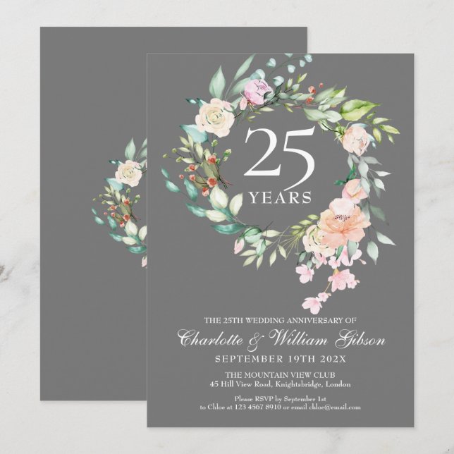 Invitation 25e Anniversaire de Mariage Roses Fleuris Argent (Devant / Derrière)