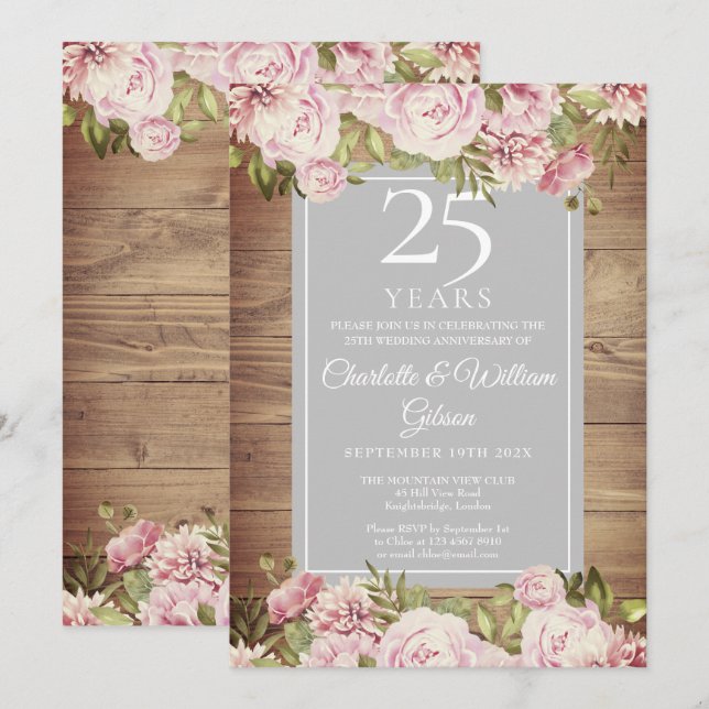 Invitation 25e Anniversaire de Mariage Rustique Roses Argenté (Devant / Derrière)