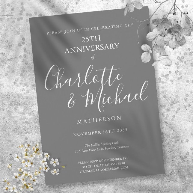 Invitation 25e Anniversaire de Mariage Signature Script Argen (25th Wedding Anniversary Silver Script Signature Invitation)