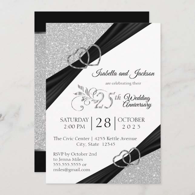 Invitation 25e anniversaire de mariage Silver Glitter (Devant / Derrière)