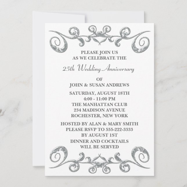 Invitation 25e anniversaire de mariage Silver Swirls (Devant)