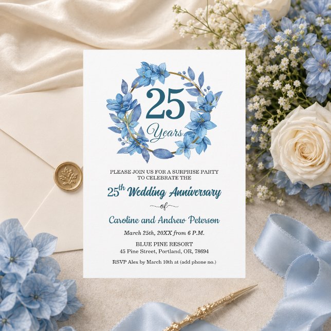 Invitation 25e anniversaire de mariage surprise fleurs bleues (Créateur téléchargé)