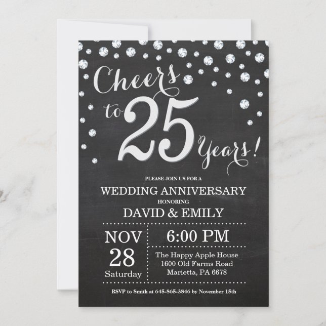 Invitation 25e Anniversaire de Mariage Tableau Noir Argent (Devant)