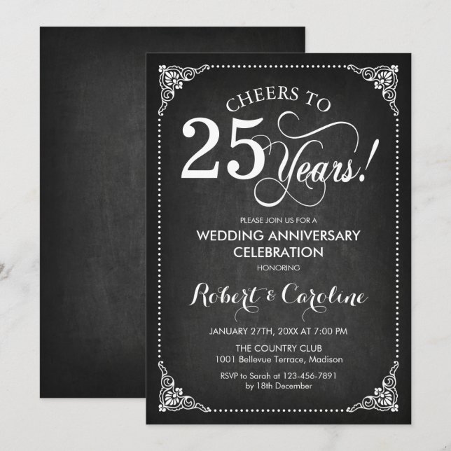 Invitation 25e anniversaire de mariage - Tableau noir blanc (Devant / Derrière)