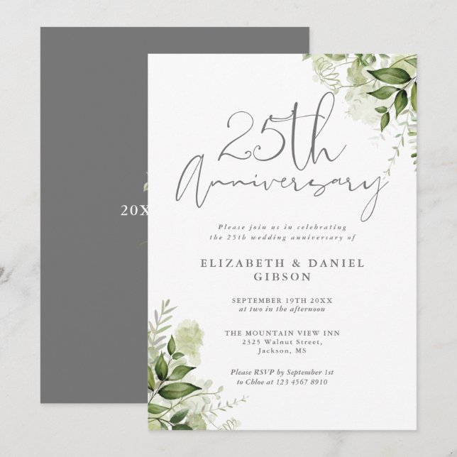 Invitation 25e Anniversaire de Mariage Verdure Écriture Argen (Devant / Derrière)
