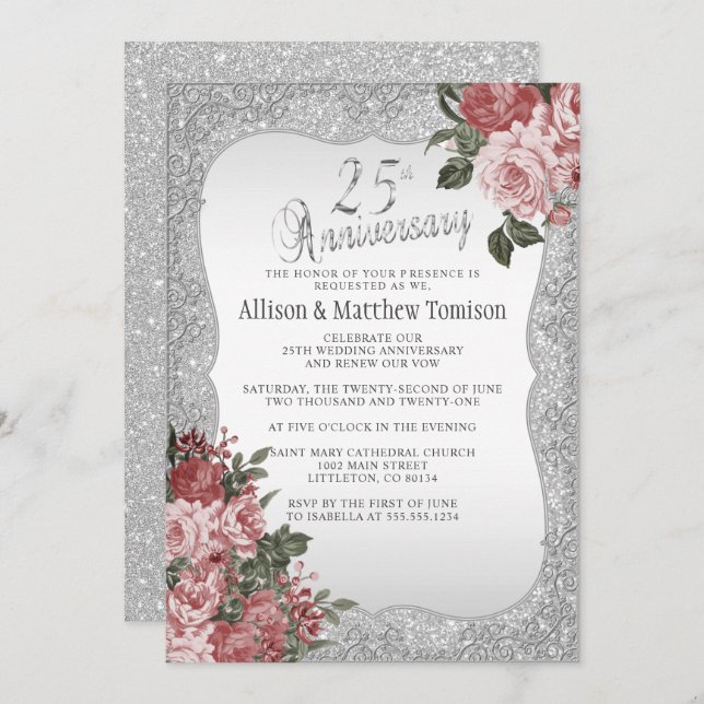 Invitation 25e anniversaire de Silver Glitter | Floral rose p (Devant / Derrière)