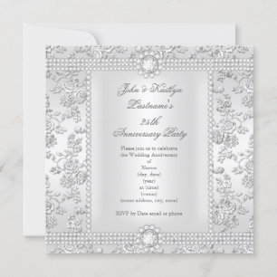 Invitation 25e Anniversaire Diamant Rose Damassé Argent Blanc
