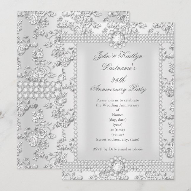 Invitation 25e Anniversaire Diamant Rose Damassé Argent long (Devant / Derrière)