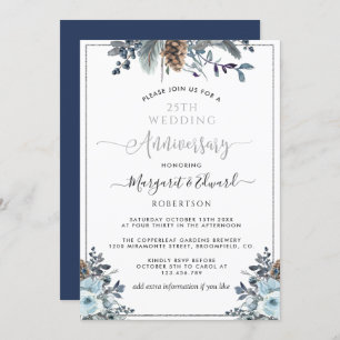 Invitation 25e anniversaire du Mariage, argent, bleu marine f