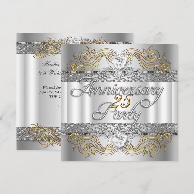 Invitation 25e anniversaire du Mariage Argent Or blanc (Devant / Derrière)