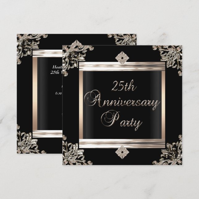 Invitation 25e anniversaire du Mariage Art déco Argent noir (Devant / Derrière)