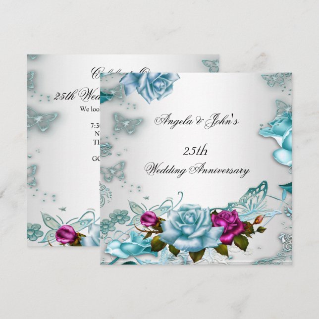 Invitation 25e anniversaire du Mariage bleu rose floral (Devant / Derrière)
