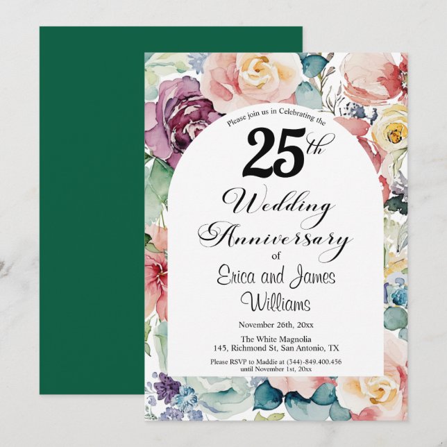 Invitation 25e anniversaire du Mariage Élégant script floral (Devant / Derrière)