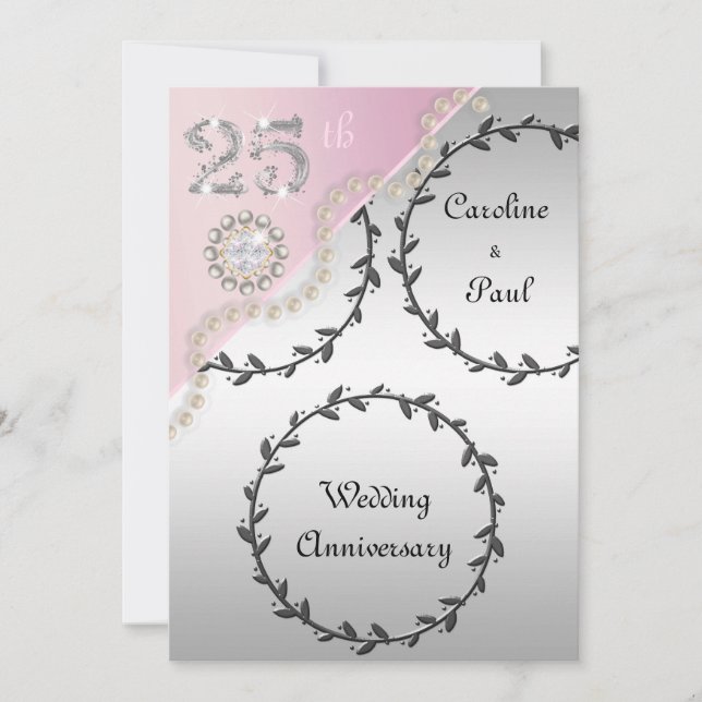 Invitation 25e anniversaire du Mariage Embossed Silver Rose G (Devant)