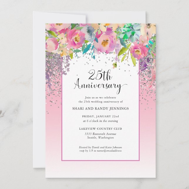 Invitation 25e anniversaire du Mariage floral en argent rose (Devant)