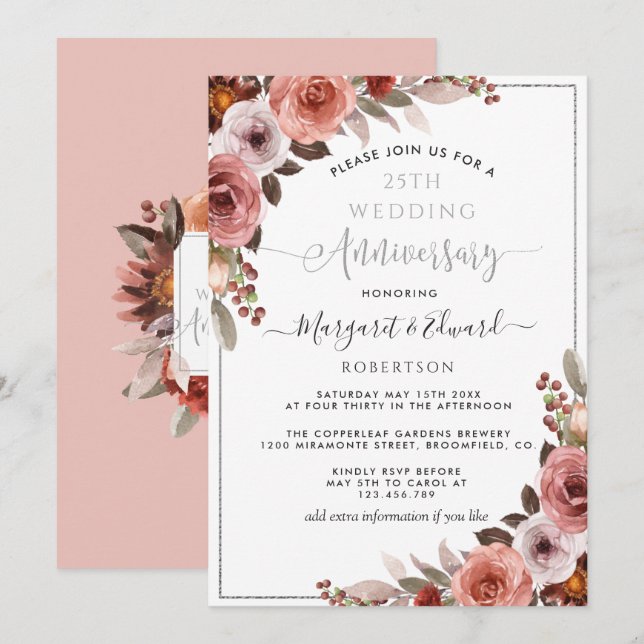 Invitation 25e anniversaire du Mariage, florale Silver Blush (Devant / Derrière)