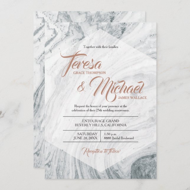Invitation 25e anniversaire du Mariage Marble Grey (Devant / Derrière)