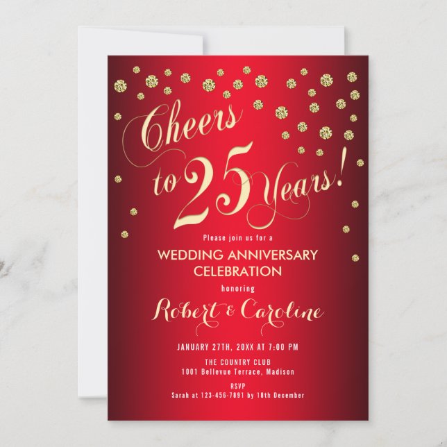 Invitation 25e anniversaire du Mariage - Rouge & Or (Devant)
