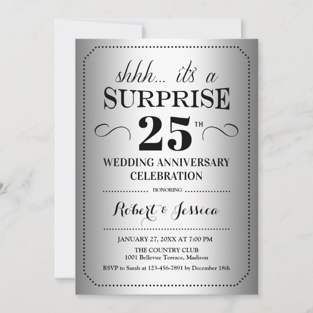 Invitation 25e anniversaire du Mariage surprise - Noir d'arge (Devant)