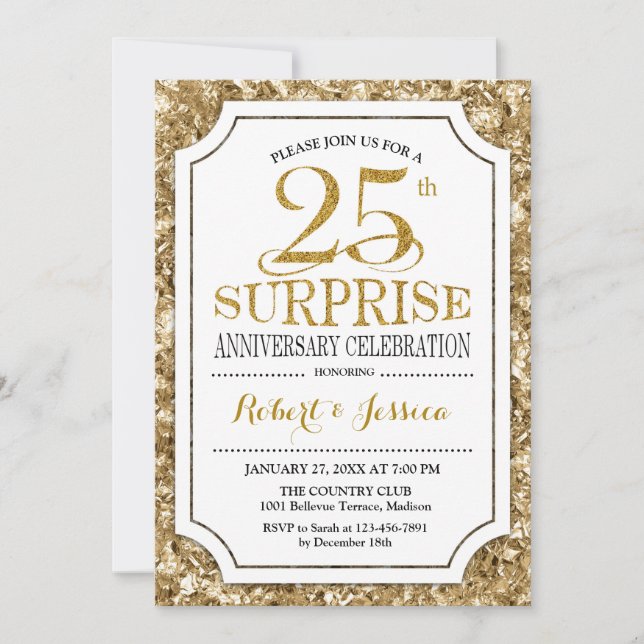 Invitation 25e anniversaire du Mariage surprise - Or blanc (Devant)