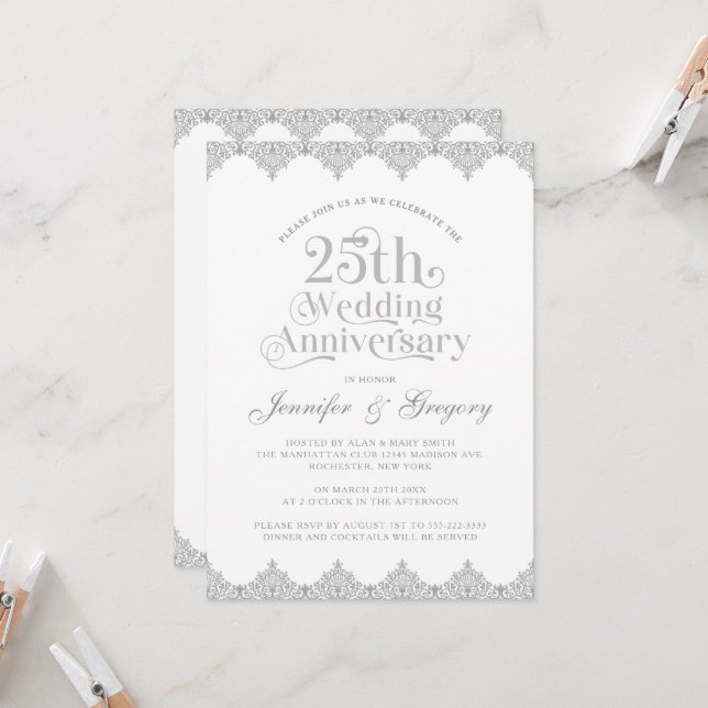 Invitation 25e anniversaire du Mariage Typographie gris-blanc (Devant/Arrière en situation)