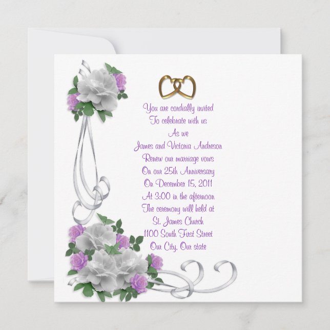 Invitation 25e anniversaire du Mariage vow renouveau Roses bl (Devant)