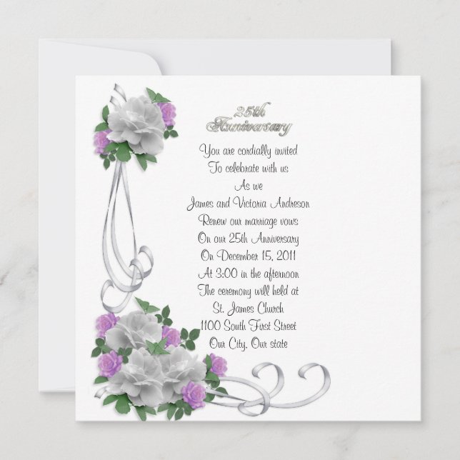 Invitation 25e anniversaire du Mariage vow renouveau Roses bl (Devant)
