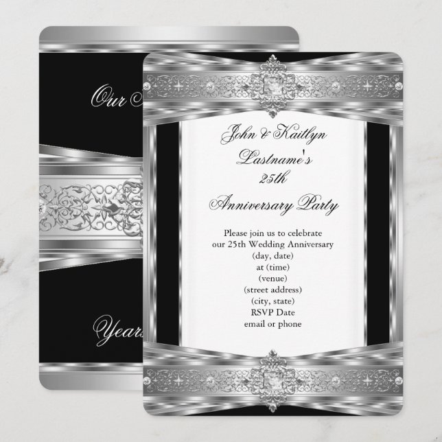 Invitation 25e anniversaire du parti Damask Diamond Silver Bl (Devant / Derrière)