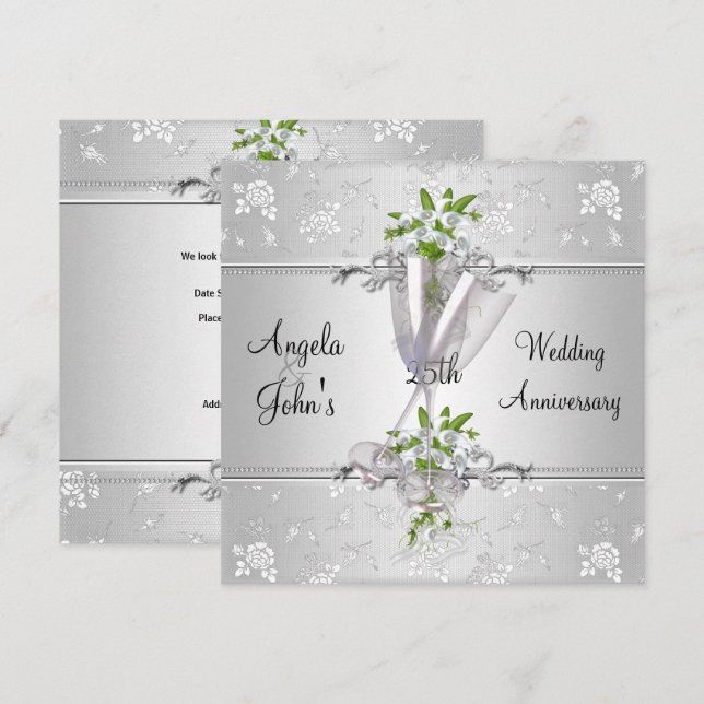 Invitation 25e Anniversaire Élégant Argent Blanc Floral (Devant / Derrière)