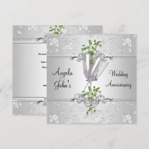 Invitation 25e Anniversaire Élégant Argent Blanc Floral