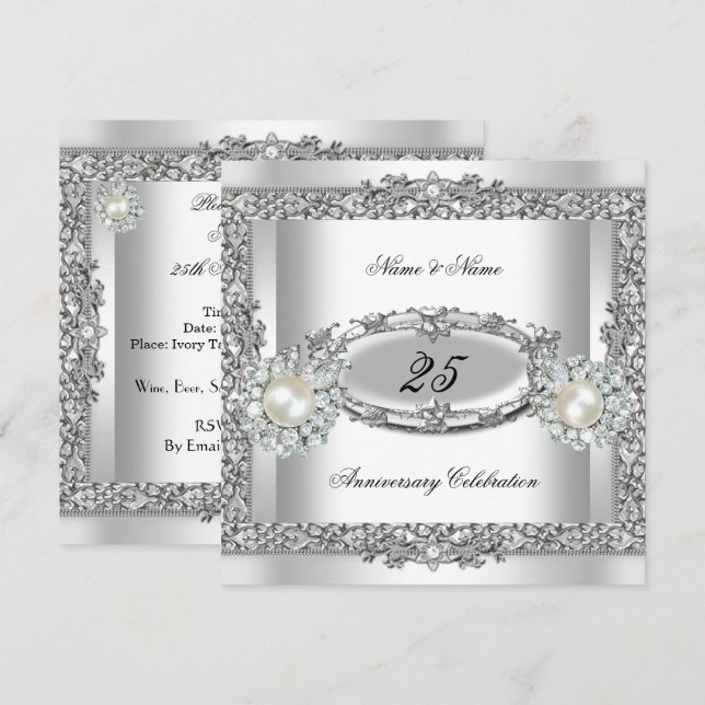 Invitation 25e anniversaire Élégant Blanc Perle d'Argent Dent (Devant / Derrière)